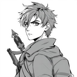 Anime style greyscale illustration of a male human ranger, shown from the shoulders up