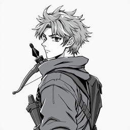 Anime style greyscale illustration of a male human ranger, shown from the shoulders up