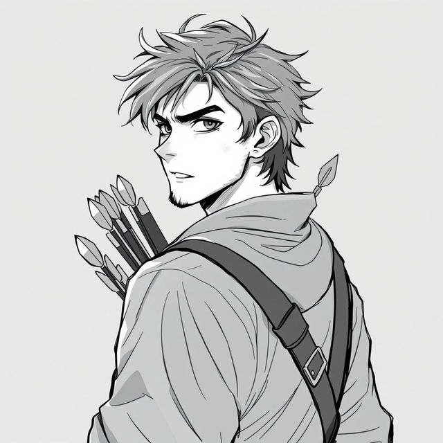 Anime style greyscale illustration of a male human ranger, shown from the shoulders up