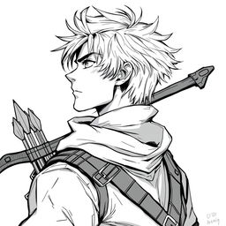 Anime style greyscale illustration of a male human ranger, shown from the shoulders up