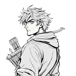 Anime style greyscale illustration of a male human ranger, shown from the shoulders up