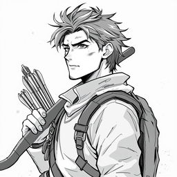 Anime style greyscale illustration of a male human ranger, shown from the shoulders up