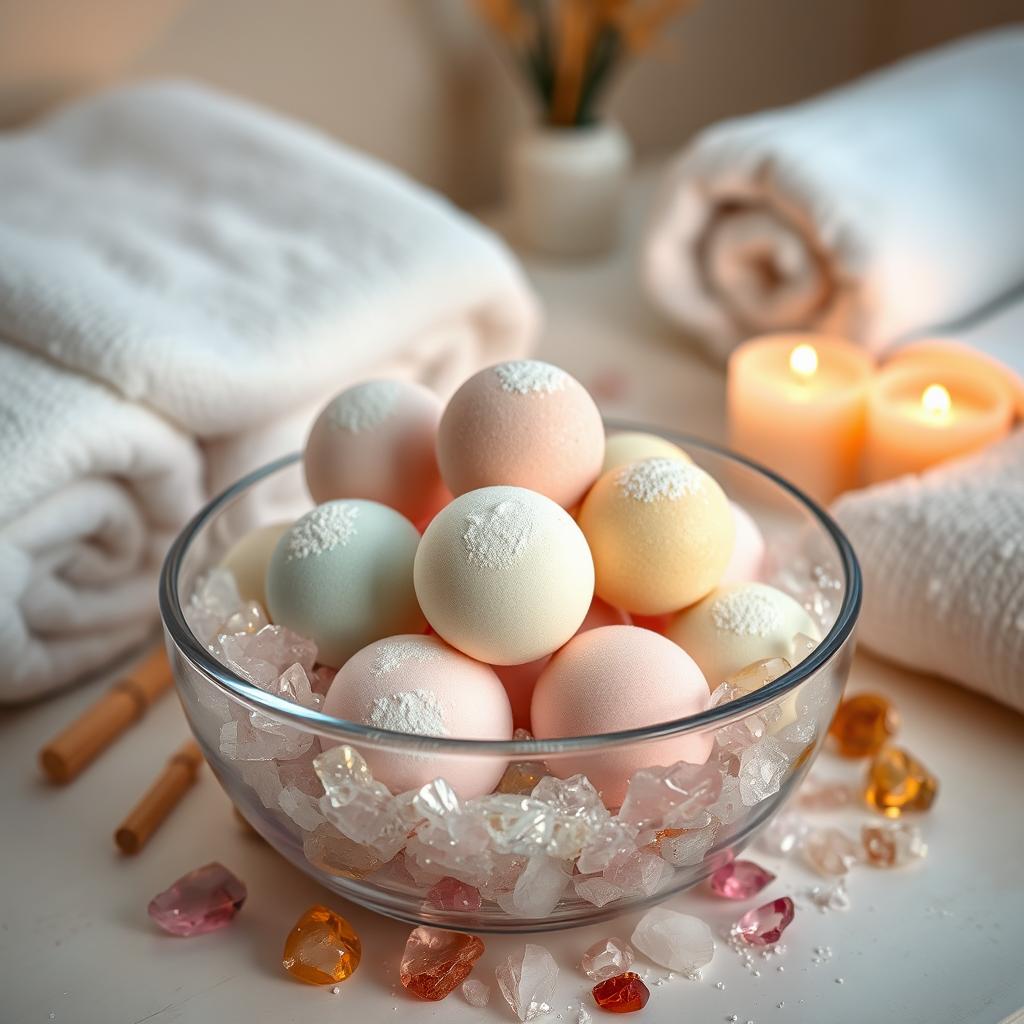 A tranquil and inviting spa ambience showcasing an elegant arrangement of colorful bath bombs and sparkling crystals