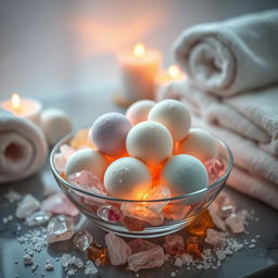 A tranquil and inviting spa ambience showcasing an elegant arrangement of colorful bath bombs and sparkling crystals