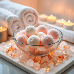 A tranquil and inviting spa ambience showcasing an elegant arrangement of colorful bath bombs and sparkling crystals