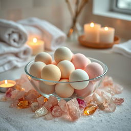 A tranquil and inviting spa ambience showcasing an elegant arrangement of colorful bath bombs and sparkling crystals