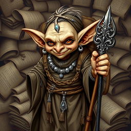 A small goblin male with a mischievous expression, clad in long, flowing robes