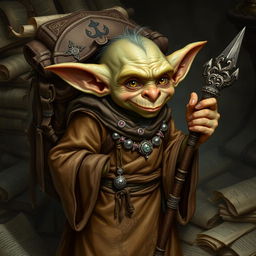 A small goblin male with a mischievous expression, clad in long, flowing robes