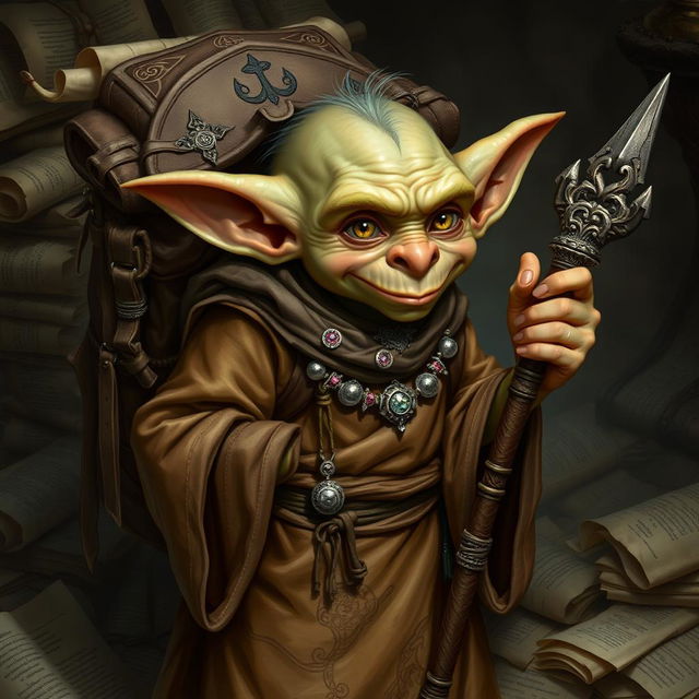 A small goblin male with a mischievous expression, clad in long, flowing robes