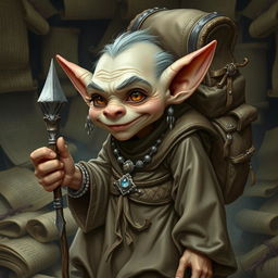 A small goblin male with a mischievous expression, clad in long, flowing robes