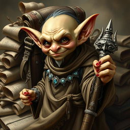 A small goblin male with a mischievous expression, clad in long, flowing robes