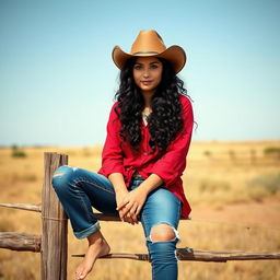 A girl from the Old West sitting on a fence