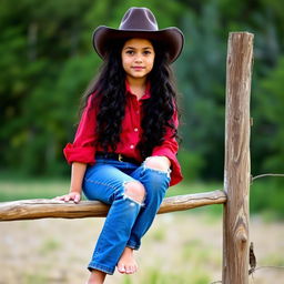 A girl from the Old West sitting on a fence