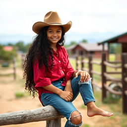 A girl from the Old West sitting on a fence