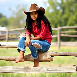 A girl from the Old West sitting on a fence