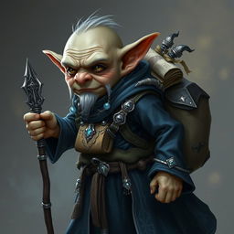 A small bald goblin male wearing long dark blue robes adorned with intricate silver jewelry, carrying a large backpack filled with numerous scrolls and a prominent spellbook