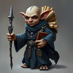 A small bald goblin male wearing long dark blue robes adorned with intricate silver jewelry, carrying a large backpack filled with numerous scrolls and a prominent spellbook