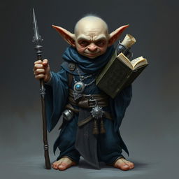 A small bald goblin male wearing long dark blue robes adorned with intricate silver jewelry, carrying a large backpack filled with numerous scrolls and a prominent spellbook