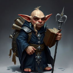 A small bald goblin male wearing long dark blue robes adorned with intricate silver jewelry, carrying a large backpack filled with numerous scrolls and a prominent spellbook