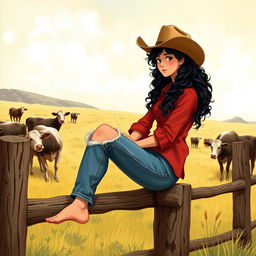 A 25-year-old Old West girl sitting on a fence, watching cows