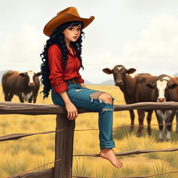 A 25-year-old Old West girl sitting on a fence, watching cows