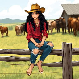 A 25-year-old Old West girl sitting on a fence, watching cows