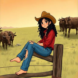 A 25-year-old Old West girl sitting on a fence, watching cows