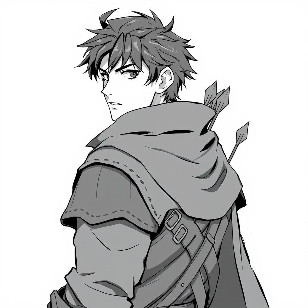 Anime style greyscale illustration of a male human ranger, shown from the shoulders up