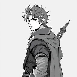 Anime style greyscale illustration of a male human ranger, shown from the shoulders up