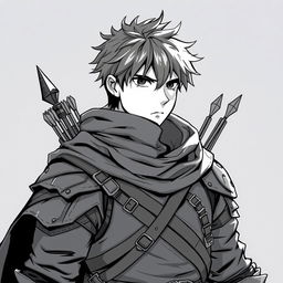 Anime style greyscale illustration of a male human ranger, shown from the shoulders up