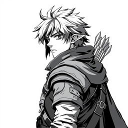 Anime style greyscale illustration of a male human ranger, shown from the shoulders up