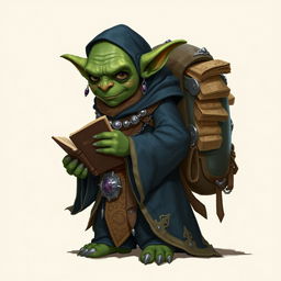 A green small bald goblin male wearing long dark blue robes with beige accents, adorned with intricate silver jewelry