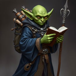 A green small bald goblin male wearing long dark blue robes with beige accents, adorned with intricate silver jewelry