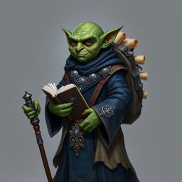 A green small bald goblin male wearing long dark blue robes with beige accents, adorned with intricate silver jewelry