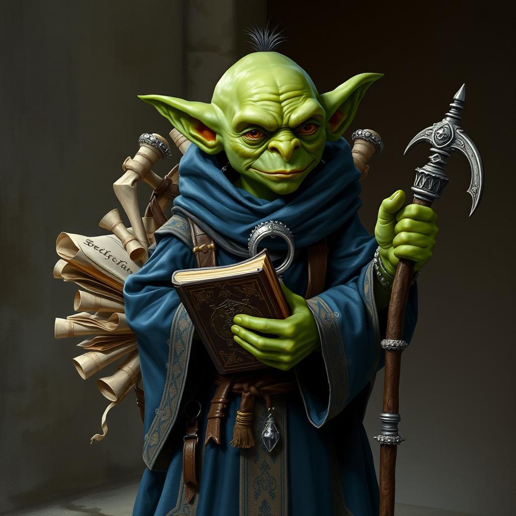 A green small bald goblin male wearing long dark blue robes with beige accents, adorned with intricate silver jewelry