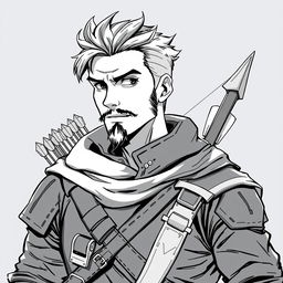 Anime style greyscale illustration of a male human ranger, shown from the shoulders up