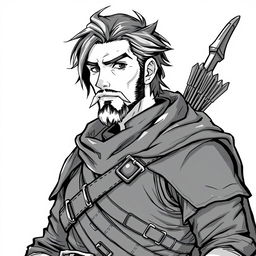 Anime style greyscale illustration of a male human ranger, shown from the shoulders up