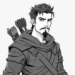 Anime style greyscale illustration of a male human ranger, shown from the shoulders up