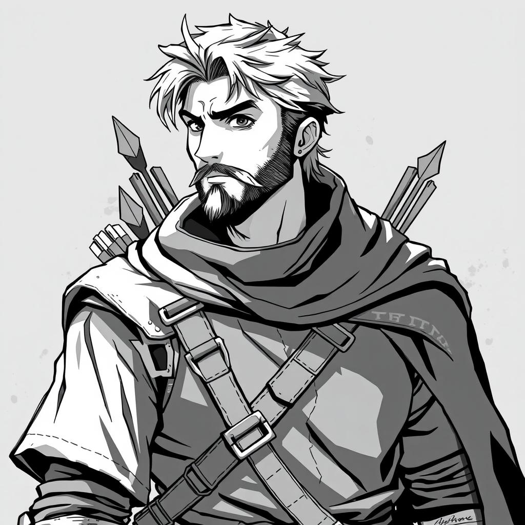 Anime style greyscale illustration of a male human ranger, shown from the shoulders up