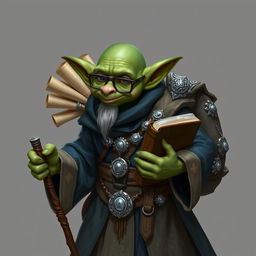 A green small bald goblin male dressed in long dark blue robes with beige accents, accessorized with a variety of intricate silver jewelry