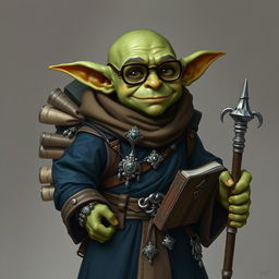 A green small bald goblin male dressed in long dark blue robes with beige accents, accessorized with a variety of intricate silver jewelry