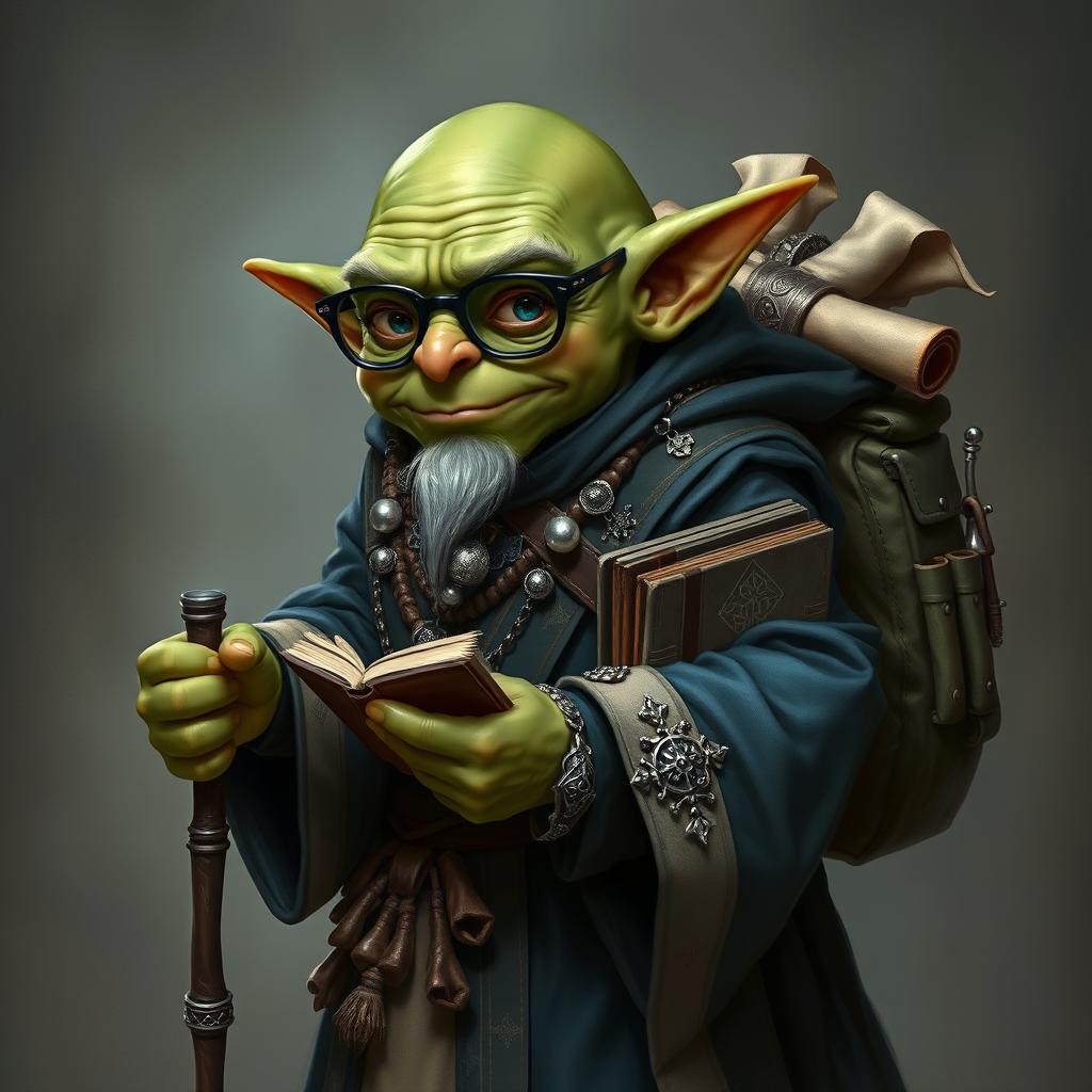 A green small bald goblin male dressed in long dark blue robes with beige accents, accessorized with a variety of intricate silver jewelry