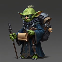 A green small bald goblin male dressed in long dark blue robes with beige accents, accessorized with a variety of intricate silver jewelry