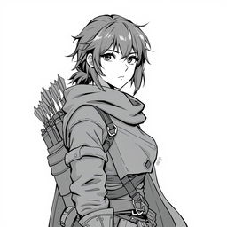 Anime style greyscale illustration of a female human ranger, captured from the shoulders up