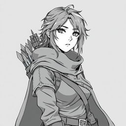 Anime style greyscale illustration of a female human ranger, captured from the shoulders up