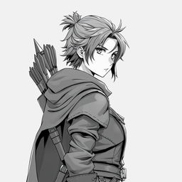 Anime style greyscale illustration of a female human ranger, captured from the shoulders up