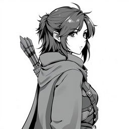 Anime style greyscale illustration of a female human ranger, captured from the shoulders up