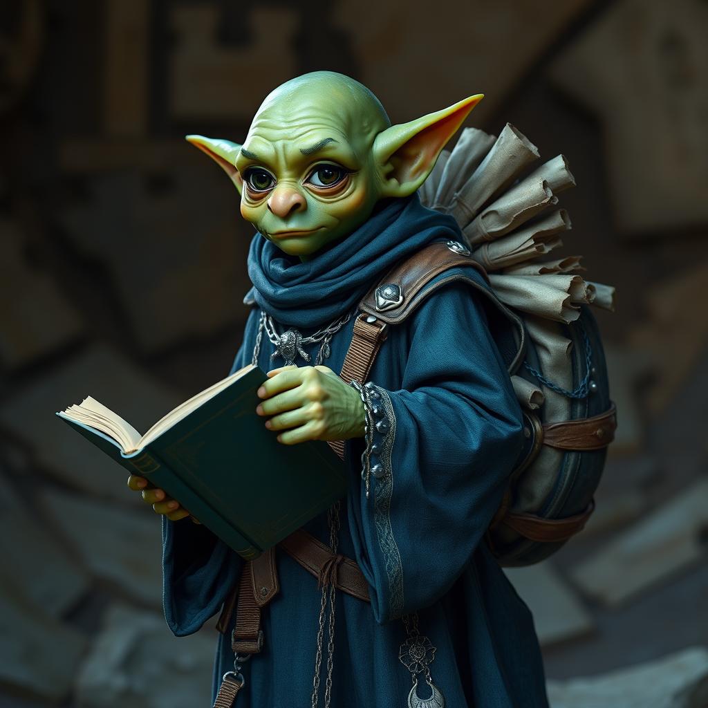 A green, small bald goblin male dressed in long dark blue robes with delicate beige accents, adorned with intricate silver jewelry