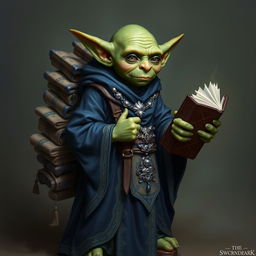 A green, small bald goblin male dressed in long dark blue robes with delicate beige accents, adorned with intricate silver jewelry