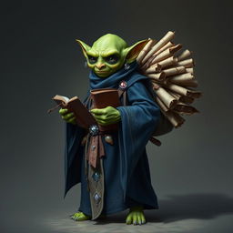 A green, small bald goblin male dressed in long dark blue robes with delicate beige accents, adorned with intricate silver jewelry